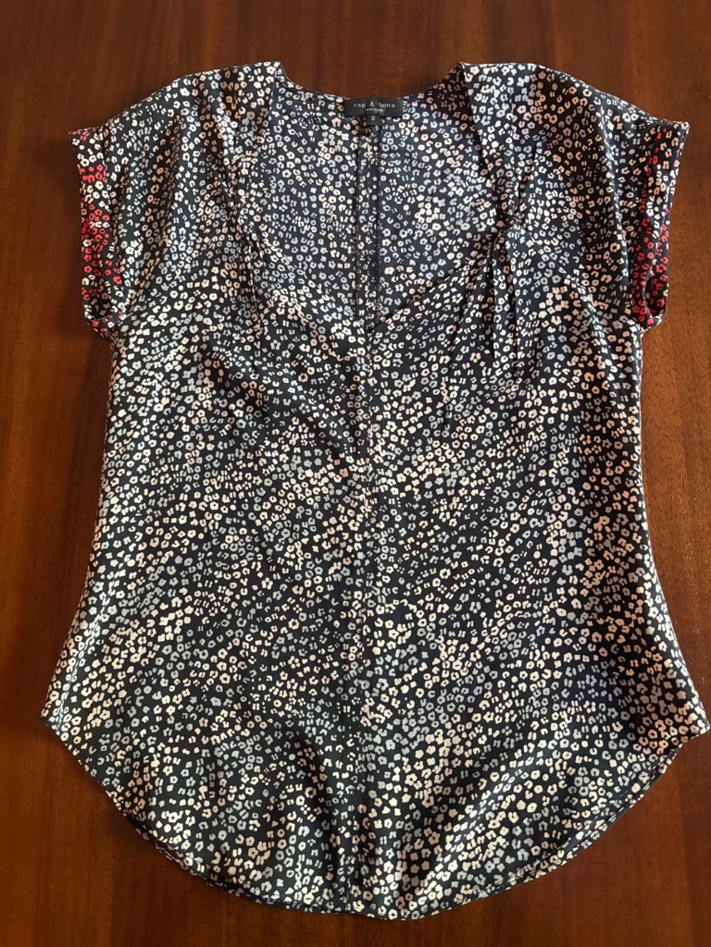 Rag & bone Black and White Danise Cap-Sleeve Blouse with Red Sleeve Accents NWOT